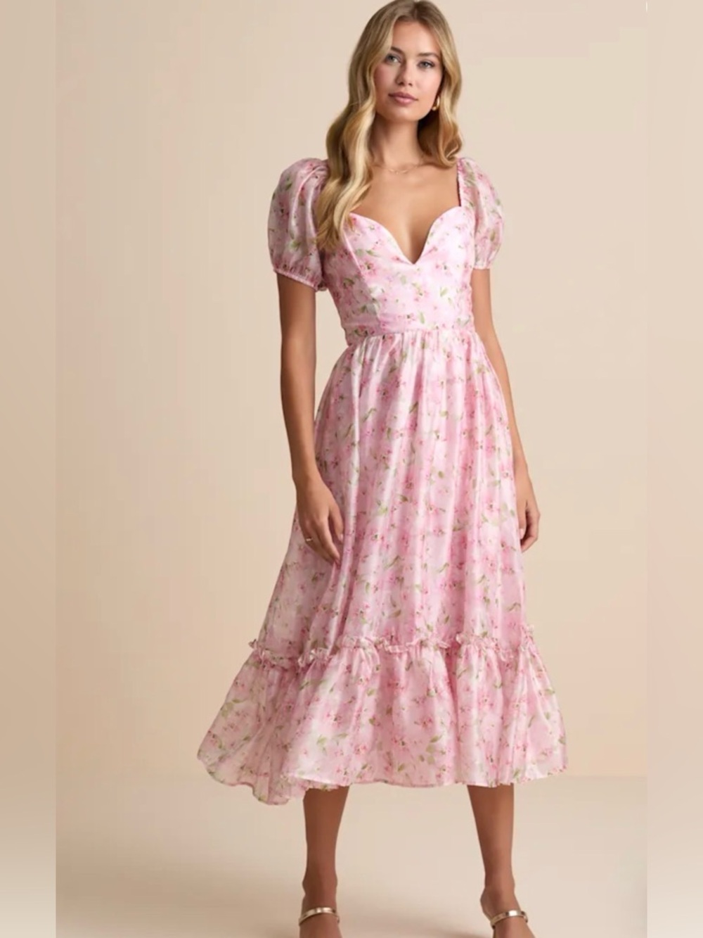Pink Floral Sweetheart Midi Dress Large